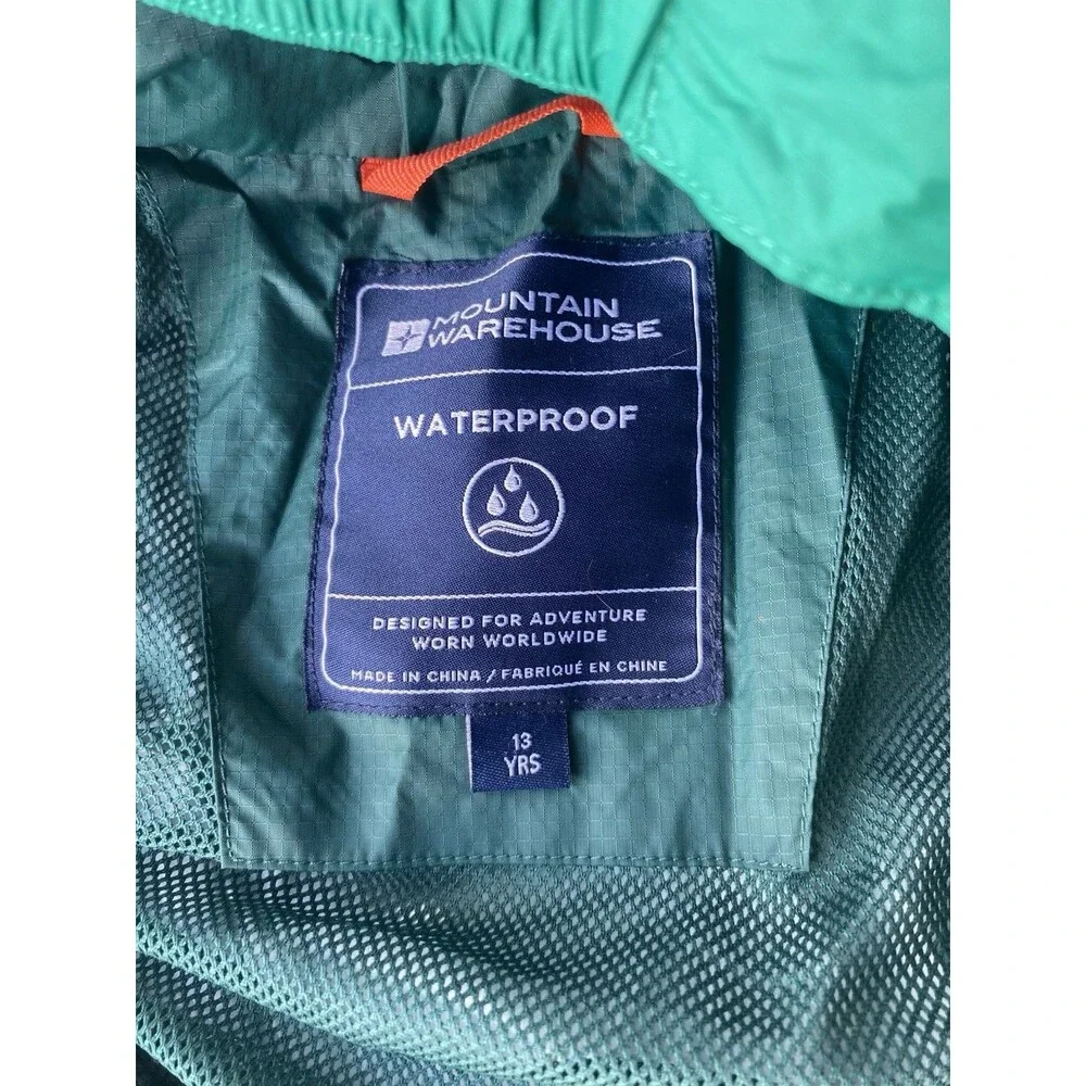 Mountain Warehouse Kids Waterproof Rain Jacket 13 Yrs Green Nylon Ripstop Coat